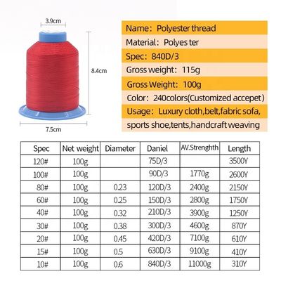 Tex70 80 90 Fios de costura de poliéster de alta resistência para costura de couro Diâmetro 0,35 mm